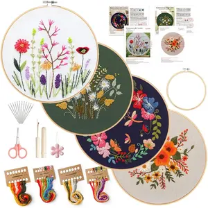 4-piece floral embroidery kit, suitable for beginners and adults DIY beginner kit, with printed patterns, embroidery rings, tools, colorful threads, instructions, handmade craft enthusiasts gift