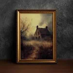 Dark Academia Wall Art, The Old House in Forest, Vintage Scholar Aesthetic Poster, Moody Room Decor: Living room, Dining room, Bedroom