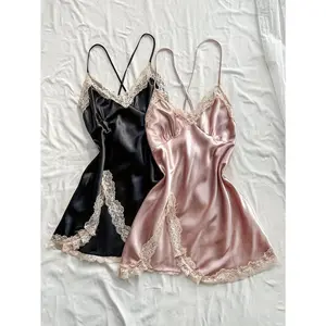 1 Pcs Sexy Silky Lace Trim Sleepwear - V Neck Backless Cross Strappy Split Hem Nightgown Dress, Comfortable