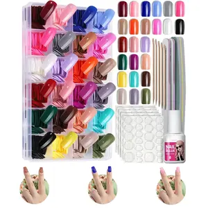 576Pcs (24 Packs) Medium Square Press On Nails, 24 Colors Glossy Full Cover False Nails Kit with Nail Glue Adhesive Tabs Nail Files Sticks, 12 Sizes Reusable Acrylic Fake Nails for Women Daily Wedding Party Cosplay