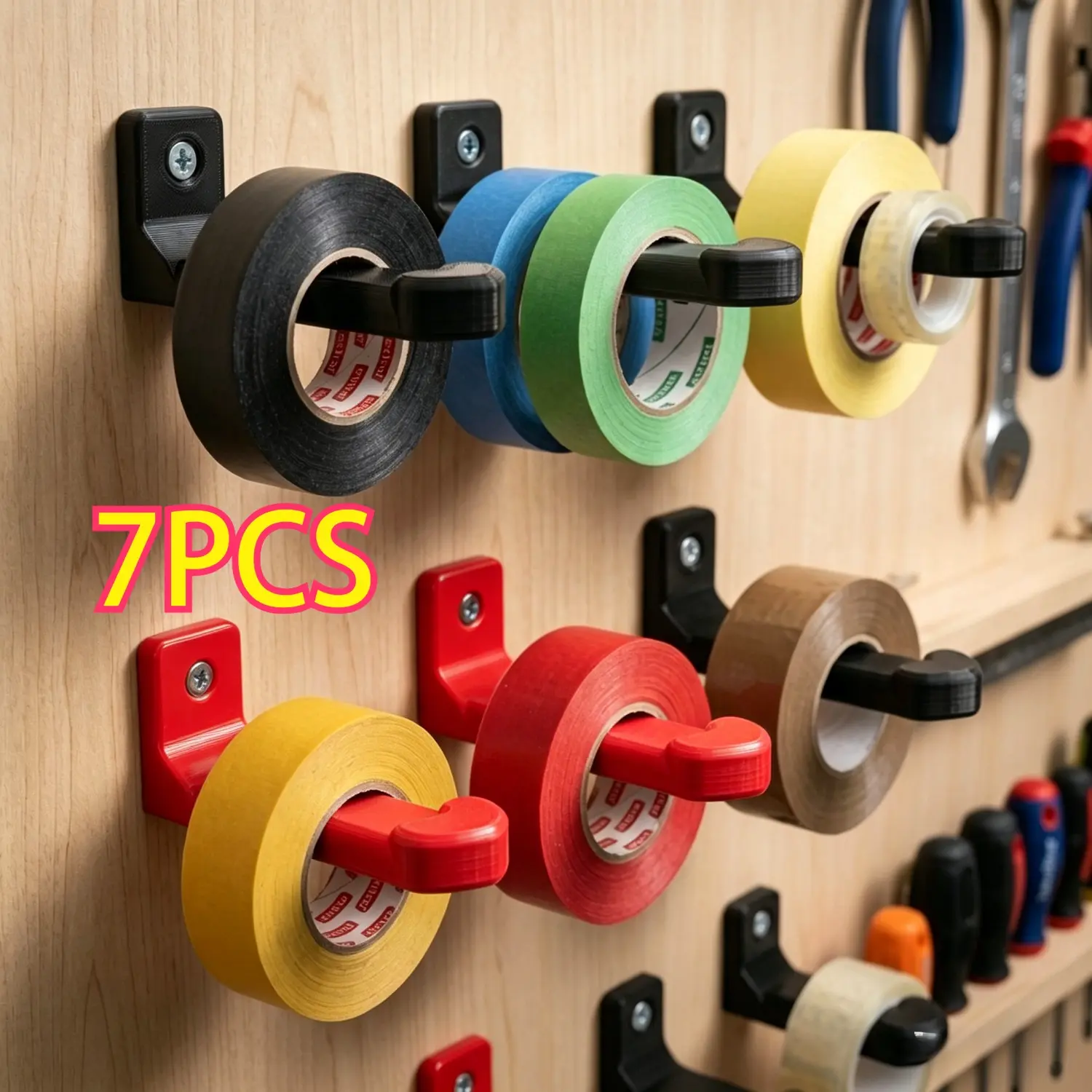 7Pcs Wall-Mounted Tape Roll Holders, Heavy Duty Corrosion-Resistant Storage Rack for Masking Tape, Workshop, Garage, Craft Room & Kitchen Organization
