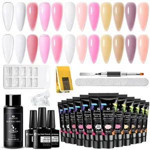 MSRUIOO Poly Nail Gel Extension Kit, 21pcs Set with Nail Forms, Brush, Jelly Nude Nail Extension Gel, Nail Starter Kit, Base Gel,Top Coat, Professional Nail Art Tool Kit DIY Nail Art, Polygel Nail Kit