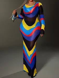 Plus Size Women's Patchwork Round Neck Elegant Waist Cinched Mesh Rainbow Party Statement Dress, Slim-Fitting Striped Dress for All Seasons