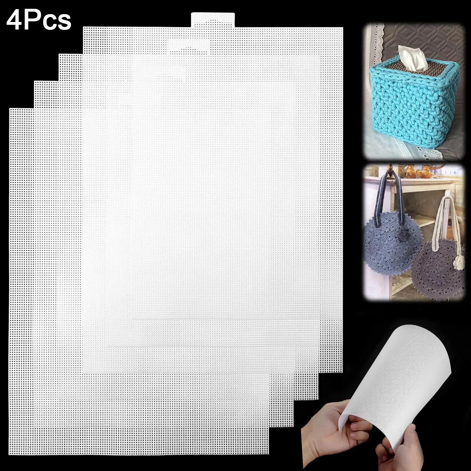 4 Pack 14tc Plastic Airy Mesh Canvas Sheets, Embroidered Mesh, 11x8.26 Inches, Ideal for Sewing, Embroidery, Cross Stitch, Knitting, Crafting Projects, Monster Masks, Aquarium Splits & Home Decor