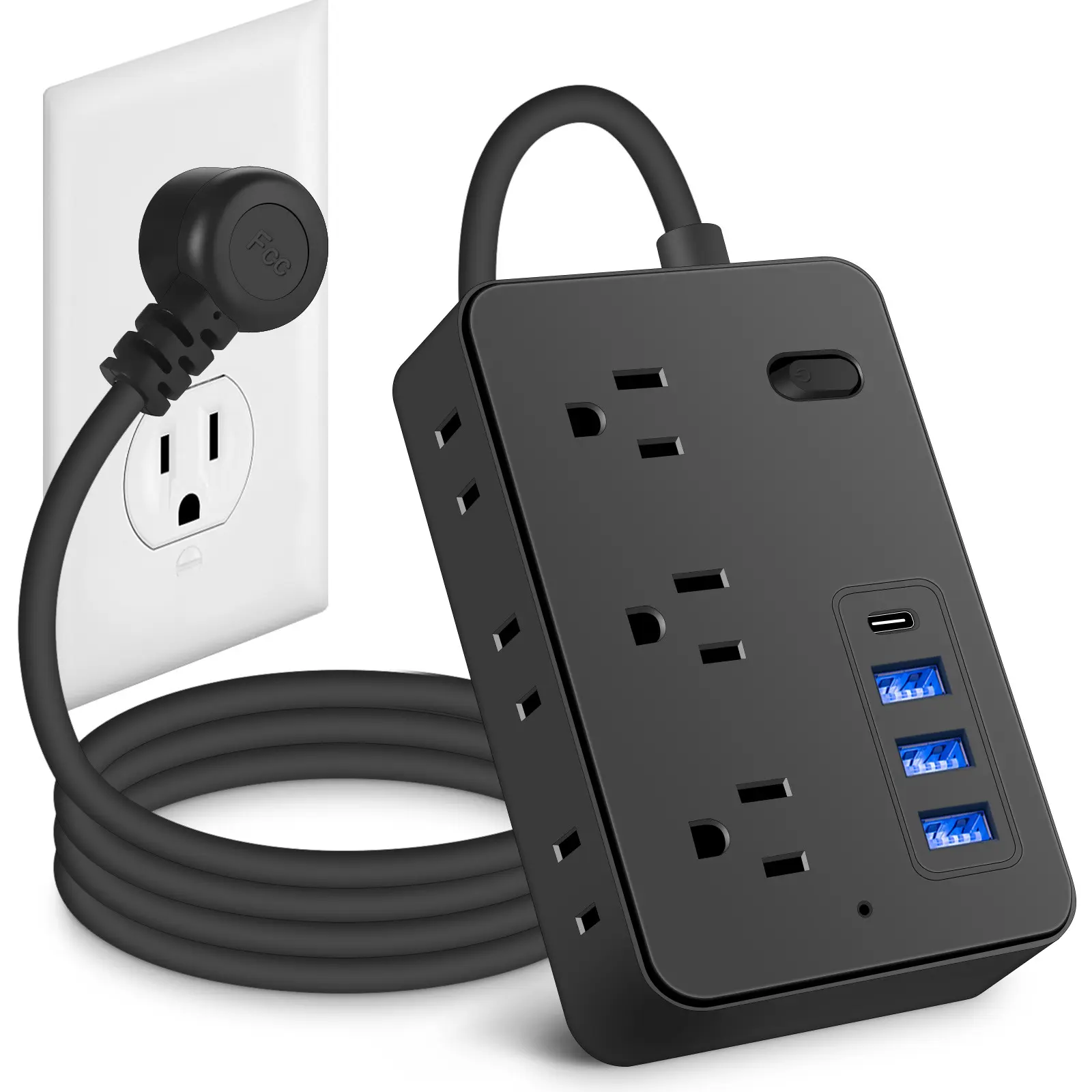 Copper Wire Surge Protection Power Strip - 10-in-1 Multi-Outlet Hub, 6 AC Outlets, 3 USB-A Ports, 1 USB-C Output, 4ft Cord, Compact Wall-Mount Charging Station for Home, Office Devices