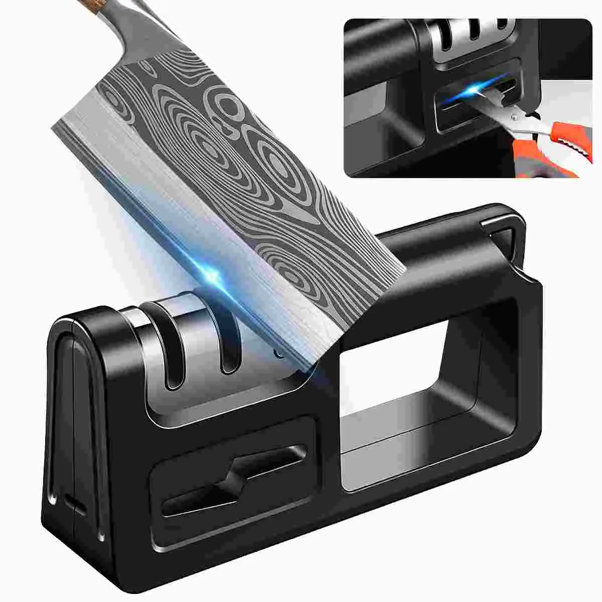 4 in 1 Knife and Scissors Sharpener, 4-Stage Sharpener, Kitchen Knife and Scissors Sharpener for Knives and Scissors Black