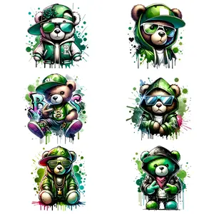 6pcs Cartoon Trendy Bear Pattern Fashion Heat Transfer Stickers, Washable Iron-On Patches for Clothing, T-Shirts, Jeans, Jackets, Durable, Crafts