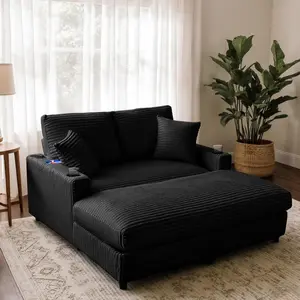 60"x58" Oversized Corduroy Convertible Chaise Lounge Furniture - Indoor Reading Chair with 2 Pillows, USB Charger, Cup Holder, Lazy Sleeper Sofa Bed for Apartments