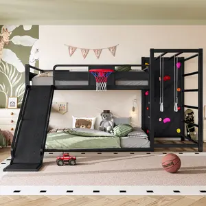 Full size metal loft bed with basketball hoop, pull-up rings, climbing wall, and built-in bookshelves.Playful's design featuring a slide,Black