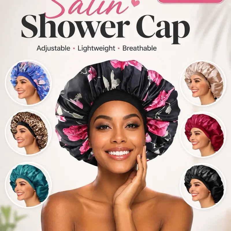 Reusable Satin Waterproof Shower Cap - Adjustable, Lightweight, Breathable, Portable Personal Hair Drying Accessory for Adults with Natural, Thick Hair Care