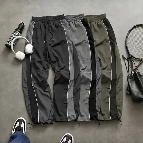 3-Pack Athletic Pants with Side Stripes and Colorblock Design – Lightweight, Quick-Dry, Drawstring Cuffs, Wide-Leg, Two-Way Wear, Paratrooper Style Functional Pants