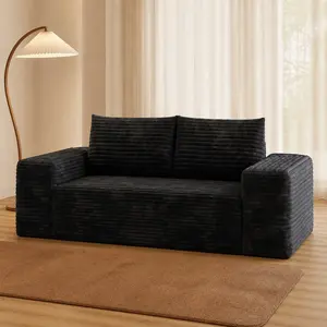 63-in Black Seamless Modular 2-Seater Sofa - Wide Corduroy Stripes, Deep Seat Memory Foam Cloud Design, Wide Armrests, Dual Backrests, No Assembly Required, Ideal for Small Apartment Living Rooms & Bedrooms