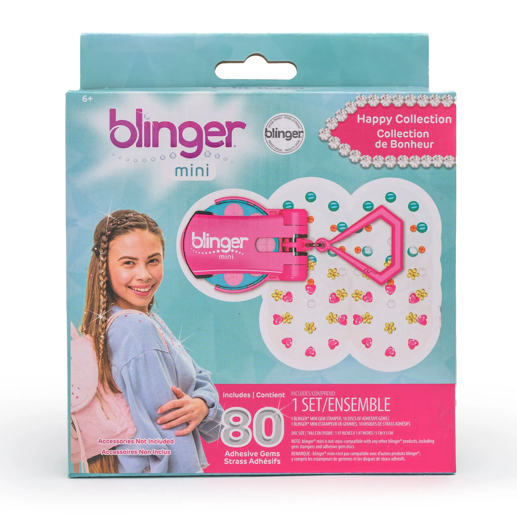 blinger® mini Starter Set with Mini Hair Gem Stamper and 80 Colorful Hair-Safe Gems