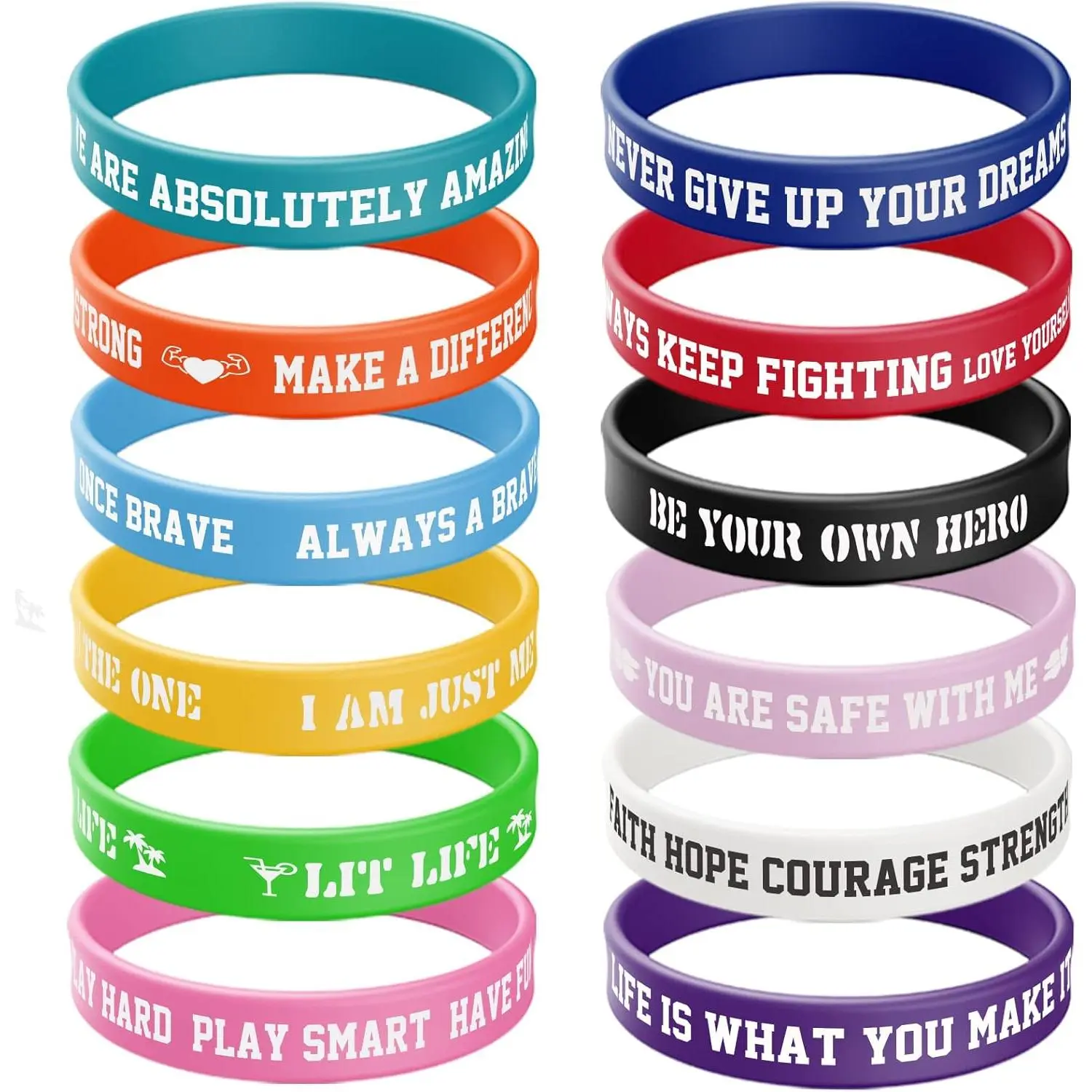 12 Pack Rubber Synthetic Stretchy Sports Wristbands with Inspirational Quotes - Colorful, Unisex for Adults & Teens, Motivational Gift Bracelets, Stretchy Bands, Unisex Adults, Sporty Sports Wristbands