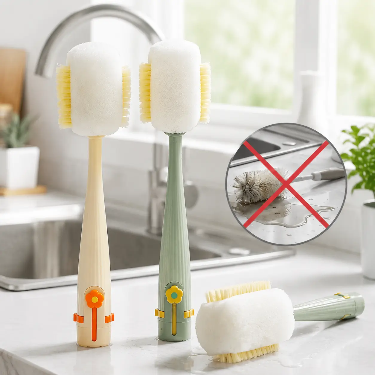 5-in-1 Bottle Cleaning Brush Set, 360° No Scratch Long Handle Cup Cleaner for Water Bottles, Tumblers, Baby Bottles & Straws
