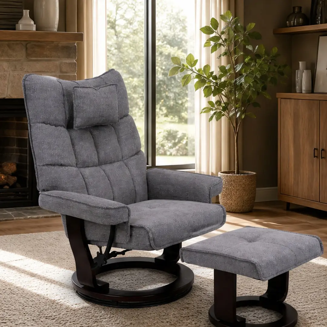 ARCH 360° Rotating Heated Chenille Swivel Recliner Chair with Ottoman Combo, 8-Point Massage, 110-145° Recline, Ergonomic Lumbar Adjustable Support, Faux Leather-Steel-Wood, Light Grey Easy Clean Cushioned Living Room Furniture (Assembly Required), Adjust