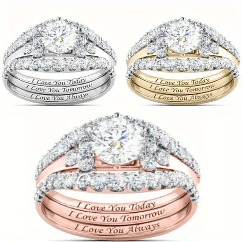 Zircon three-piece ring I love you Zircon three-piece ring couple gift ladies daily wear