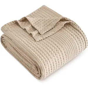 Lightweight Waffle Weave Blanket Queen Size (90"x90") - Machine Washable Comforter, Breathable, Ultra Soft Thin, for Hot Sleepers, Bed Home Decor - Light Tan