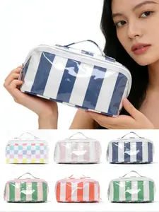 High-Value Striped Storage Bag, Large Capacity Cosmetic Organizer, Cosmetics Organizer, Portable Handheld Makeup Bag, Makeup Pouch, Lightweight Design, Durable Fashionable, Travel Cosmetic Bags