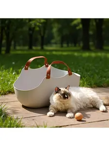 Large Size Leak-Proof Semi-Enclosed Cat Litter Box, Portable & Easy to Clean, Raised Edge, Lightweight & Durable, Modern White with Brown Accent, Large Capacity Cat Litter Pan with Sturdy Handle