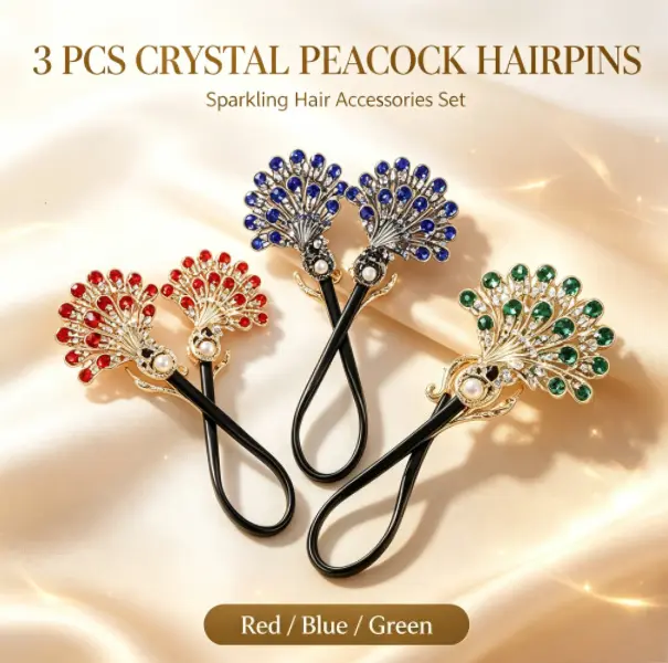 Women's 3-PCS Crystal Rhinestone Peacock Hairpin Set - Elegant Bun Fixer, Decorative Styling Accessory for Wedding & Daily Use, Fashion Hair Accessories