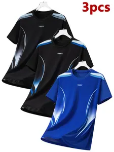 Pack of 3 summer casual sports short-sleeve shirts for men, suitable for gym workouts, outdoor running, and hiking; geometric print design; quick-drying, breathable fabric; ideal as a holiday gift and everyday wear.