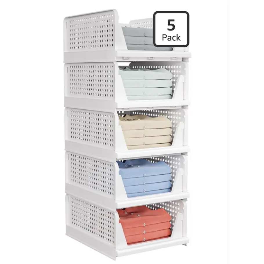 Foldable Storage Bins & Drawer Organizers 5 Pack White Plastic Stackable Bins for Home Organization