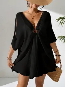 Vacation Style Plain Loose Swimwear Cover Up Dress, Ring Decorated Casual Lightweight Dress, Comfortable Summer Wear