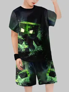Boys Minecraft Nether Fluorescent Creeper Short Sleeve Set, Cool Game Kids Clothing Two-Piece, Casual Fitted Cartoon Pattern