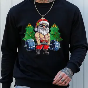 Men's Christmas Cartoon Santa Claus Print Sweatshirt, Regular Fit Long Sleeve Pullover for Daily Wear - Crewneck, Cotton