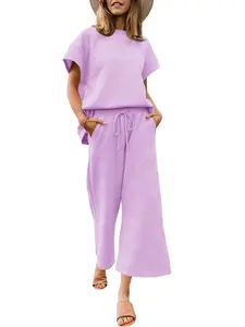 FISOEW Sports 2026 Summer Spring Womens 2 Piece Outfits Sweatsuit Long/Short Sleeve Tops and Drawstring Waist Cropped Wide Leg Pants Loungewear Sets viral  knit Jean Shirt matching sets women Matching Tracksuits Womenswear Soft, Casual