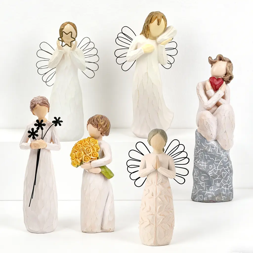 Artistic High-Quality Resin Angel Figurine - Faceless Design, Loving Pattern, Rustic Wood Accent, Love Symbol, Decorative Desk Miniature Statue Ornament, Valentines Day All-Occasion Thoughtful Gift with Effects
