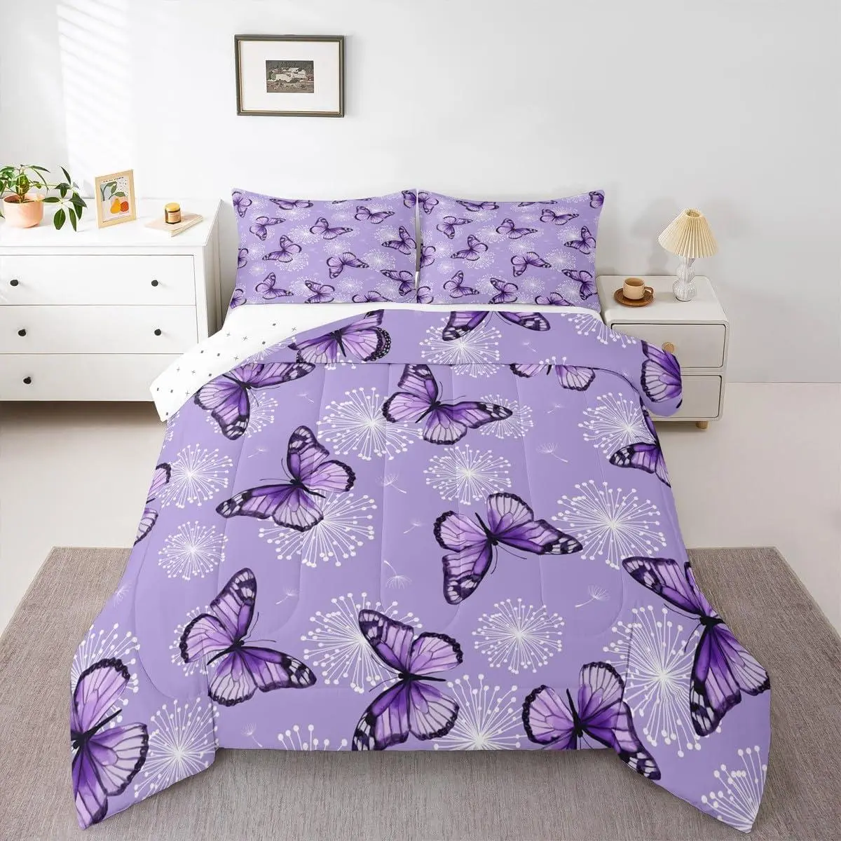 Butterfly Comforter Set for Women Girls Romantic Purple Butterflies Bedding Set,Cartoon Firework Comforter Garden Room Decor Flying Animals Quilt Set,