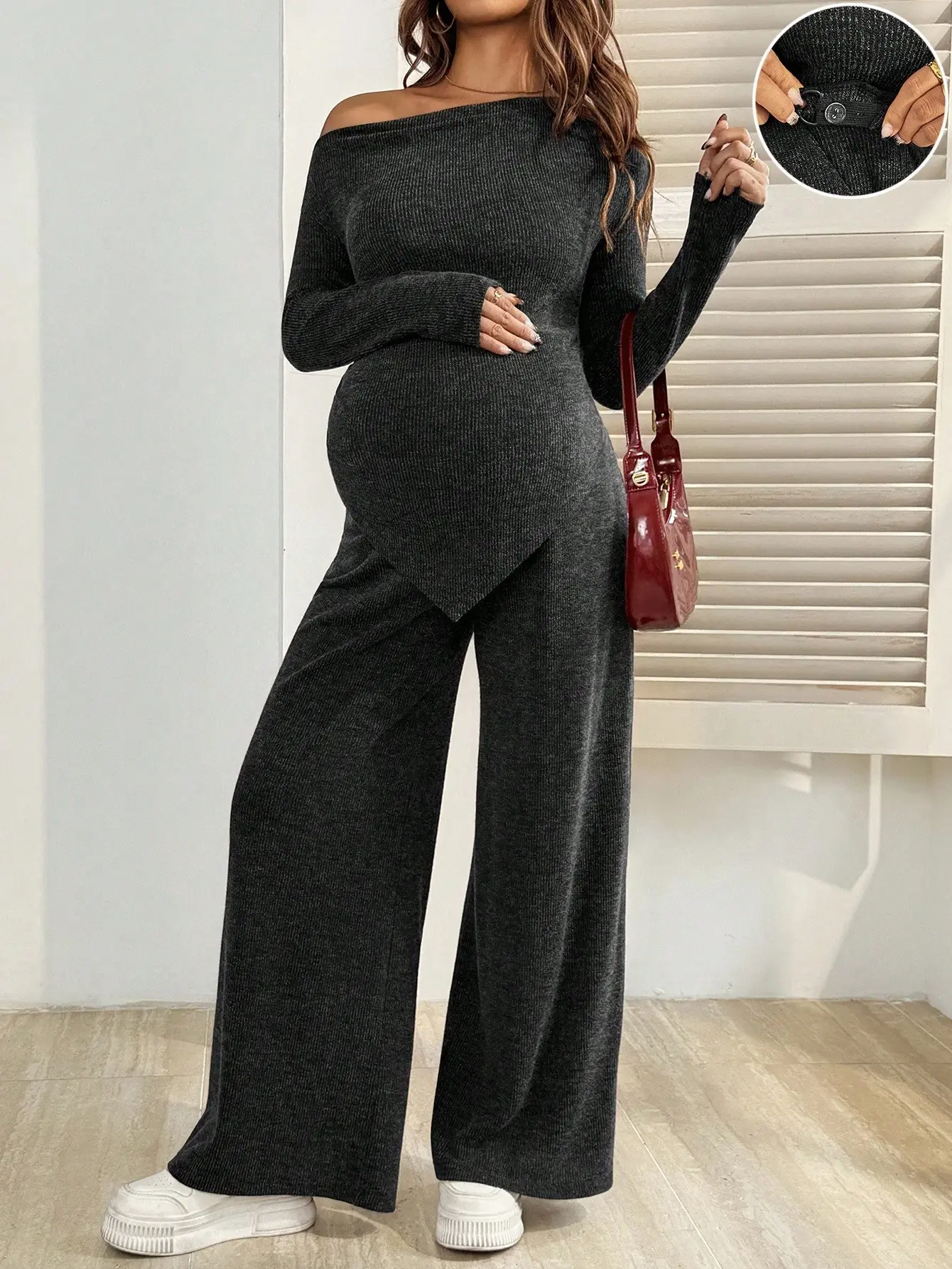ZESTY MATERNITY Pregnant Women Casual Solid Color Asymmetric Top And Pants Set Stylish Maternity Two Piece Set Everyday Wear Autumn Season