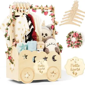 Wooden Baby Shower Basket with Hanger Rack, baby shower storage, Newborn Essentials Organizer, Welcome Gift Basket, Pregnancy Gifts, Halloween, Christmas, New Year