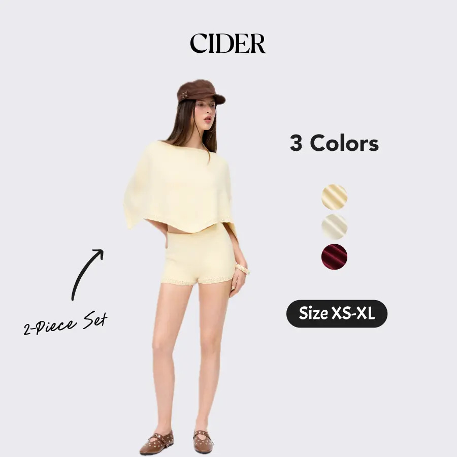 Cider 2-Piece Set Knit Boat Neck Cloak Top & Lettuce Trim Shorts Set Casual Womenswear