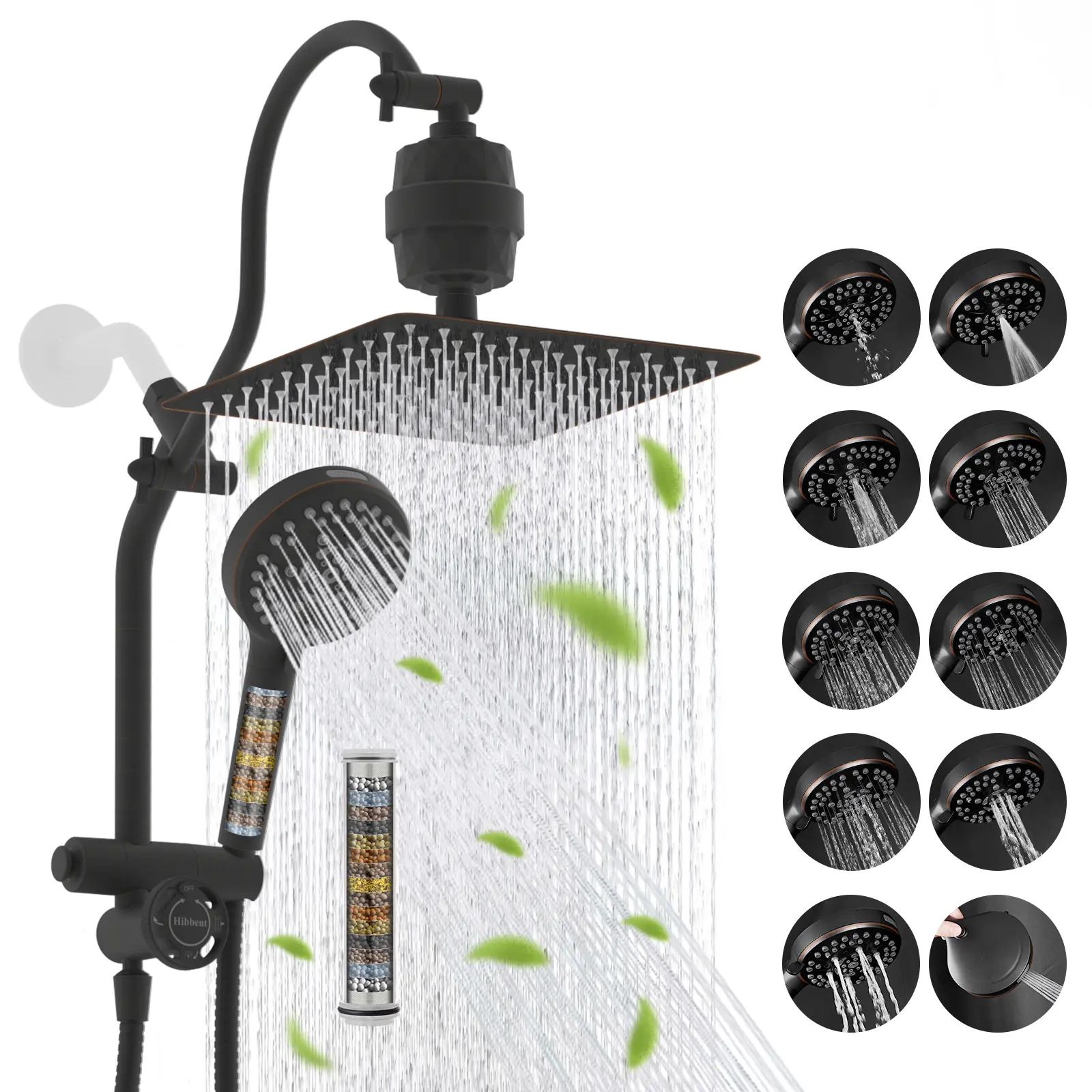 Hibbent 10" All-Metal Dual Filter Rainfall Shower Head Combo Set, High-Pressure 10-Spray Handheld, 4-Way Diverter with Pause Mode, 71" Hose & Holder, Oil Rubbed Bronze Shower Heads for Filtered, Dual, Multi-Spray & High-Pressure Fixed Showerheads Needs