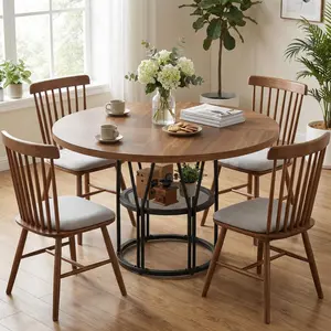 Garvee Round Dining Table for 4-6, 47-inch Modern Circular Table with Storage Shelf and Sturdy Metal Frame, Ideal for Kitchen, Living Room, Apartment, or Office in Walnut Finish