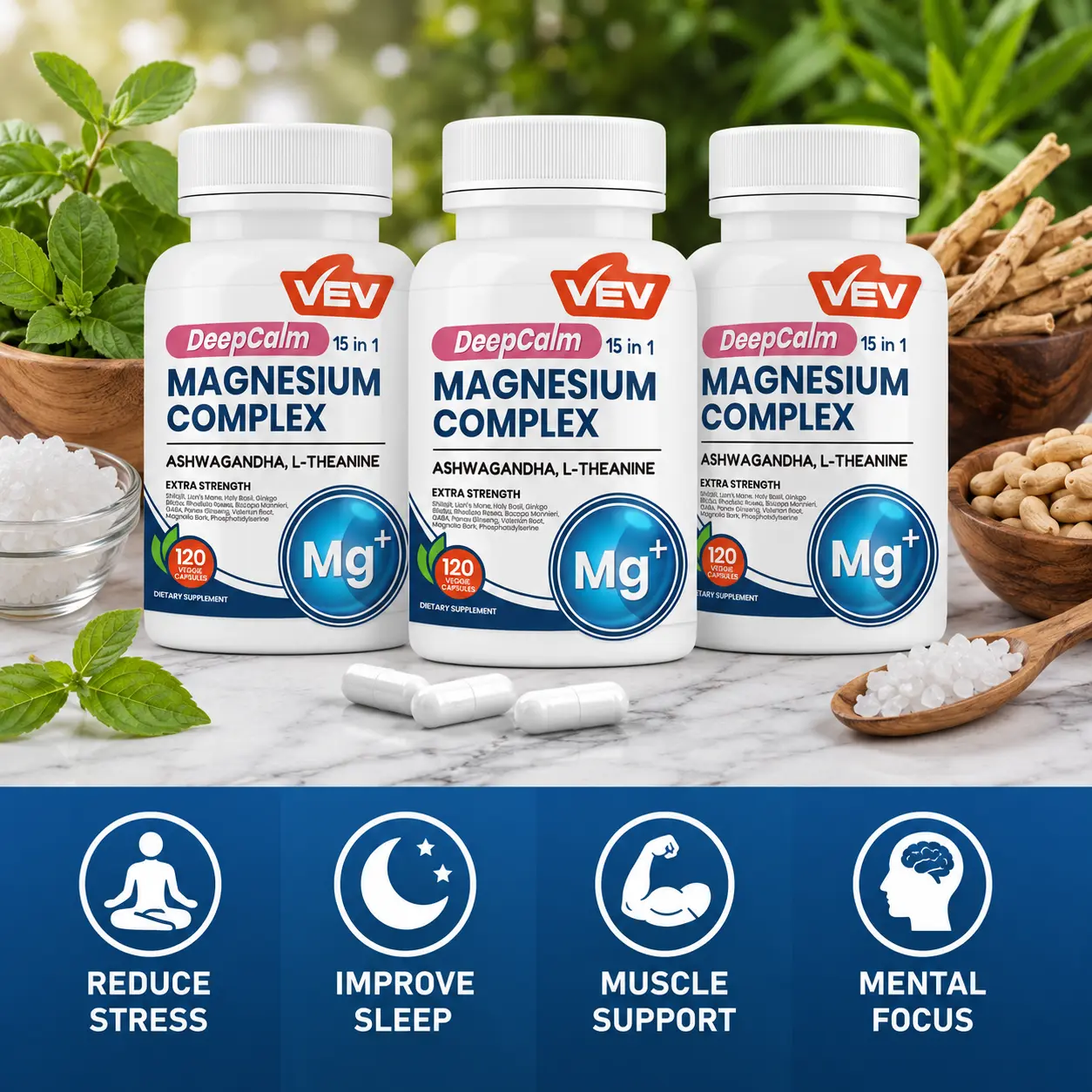 15-in-1 Magnesium Complex Dietary Supplement Capsules - Magnesium Glycinate, Citrate, Ashwagandha, L-Theanine - Supports Sleep, Relaxation, Energy Balance - Unflavored Vegan Formula, 120 Capsules