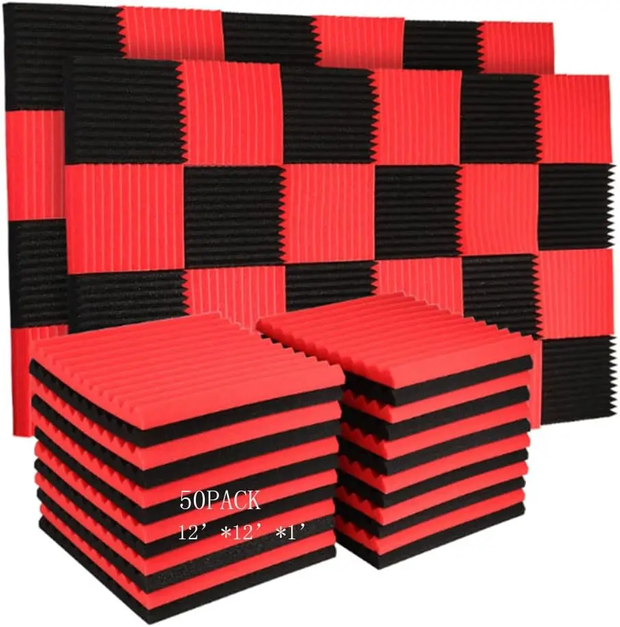 50 Pack Acoustic Panels Soundproof Studio  for Walls Sound Absorbing Panels Sound Insulation Panels Wedge for  Studio Ceiling, 1" X 12" X 12" (Black&Red)