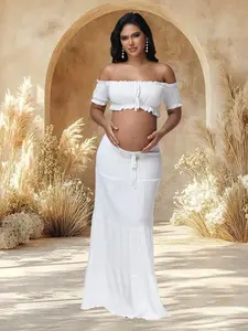 ELARA 2pcs/Set Maternity Off-Shoulder Ruffle Hem Crop Top And Flowing Maxi Skirt Set, Suitable For Photography And Beach Wear