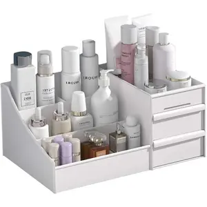 skin care organizer,Makeup Desk Organizer With Drawers,Countertop Organizer for Cosmetics,Vanity brush with Holder for Lipstick, Brushes, Eyeshadow, and Jewelry Desktop Finishing Dresser (White)