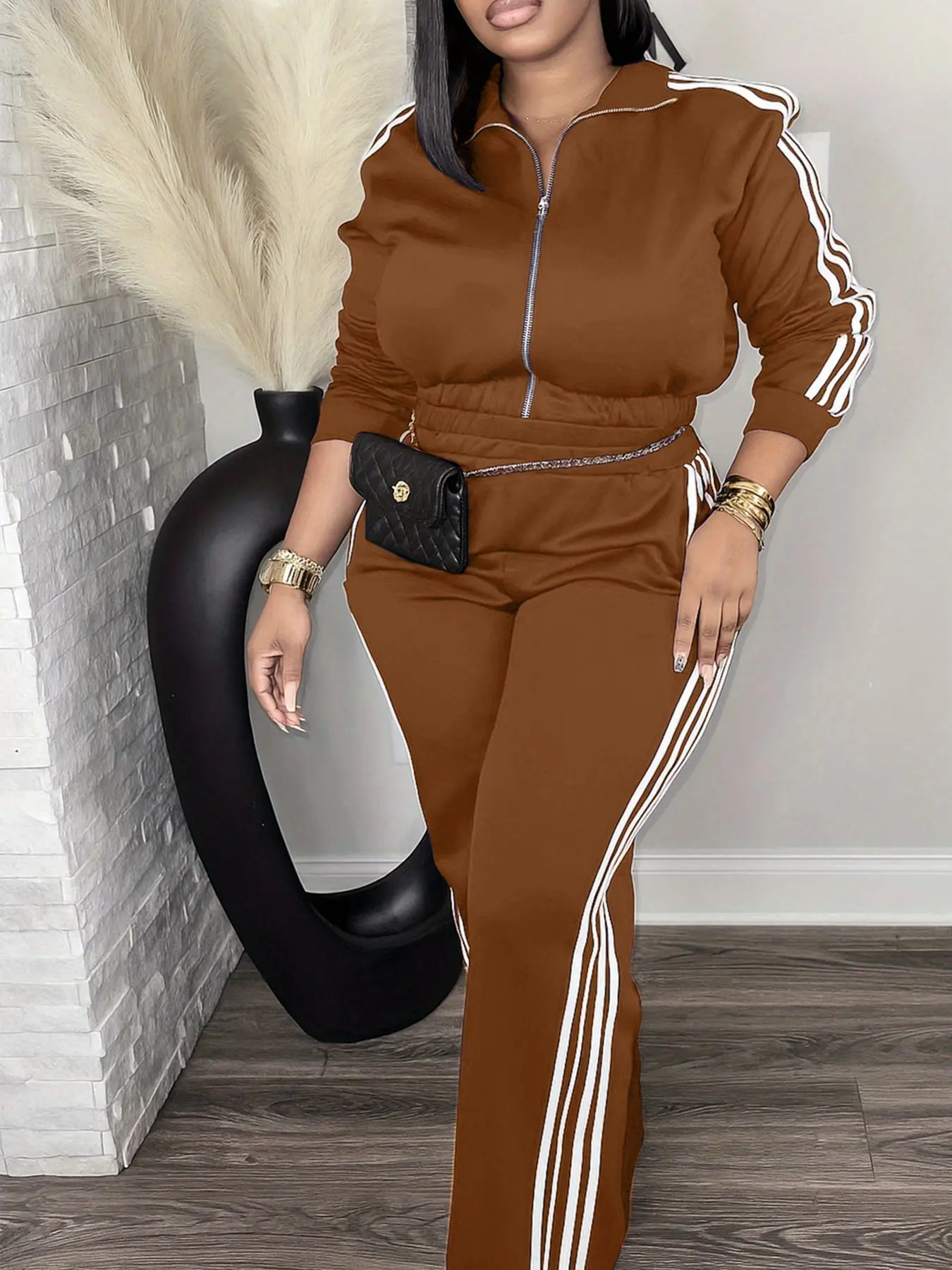 Women's 2 Piece Tracksuit Set,Zipper Jacket With Stripe Detail And Wide Leg Pants,Bodycon Party Clubwear Outfit,Jacket and pants sports pants set