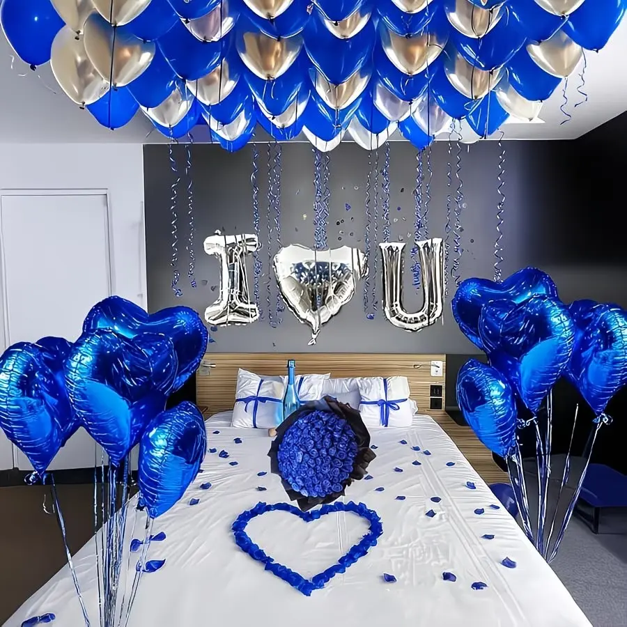 Romantic Anniversary Decoration Set, 18 inch Love Heart Balloon & 1000pcs Blue Rose Petals, Proposal Surprise Room Decor for Valentine's Day Wedding Romantic Bedroom