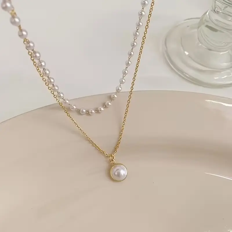 Baroque Beaded Choker Necklace for Women, Elegant Double-Layer Gold and Faux Pearl Chain with Pendant for Parties, Layered Statement Necklaces, Gold And Pearl Design Necklaces