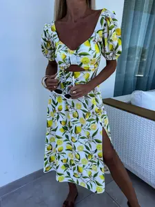 Women's Fashion New Lemon Print Short Sleeve Dress, Side Slit Backless Design, Summer Vacation Style Bubble Sleeves