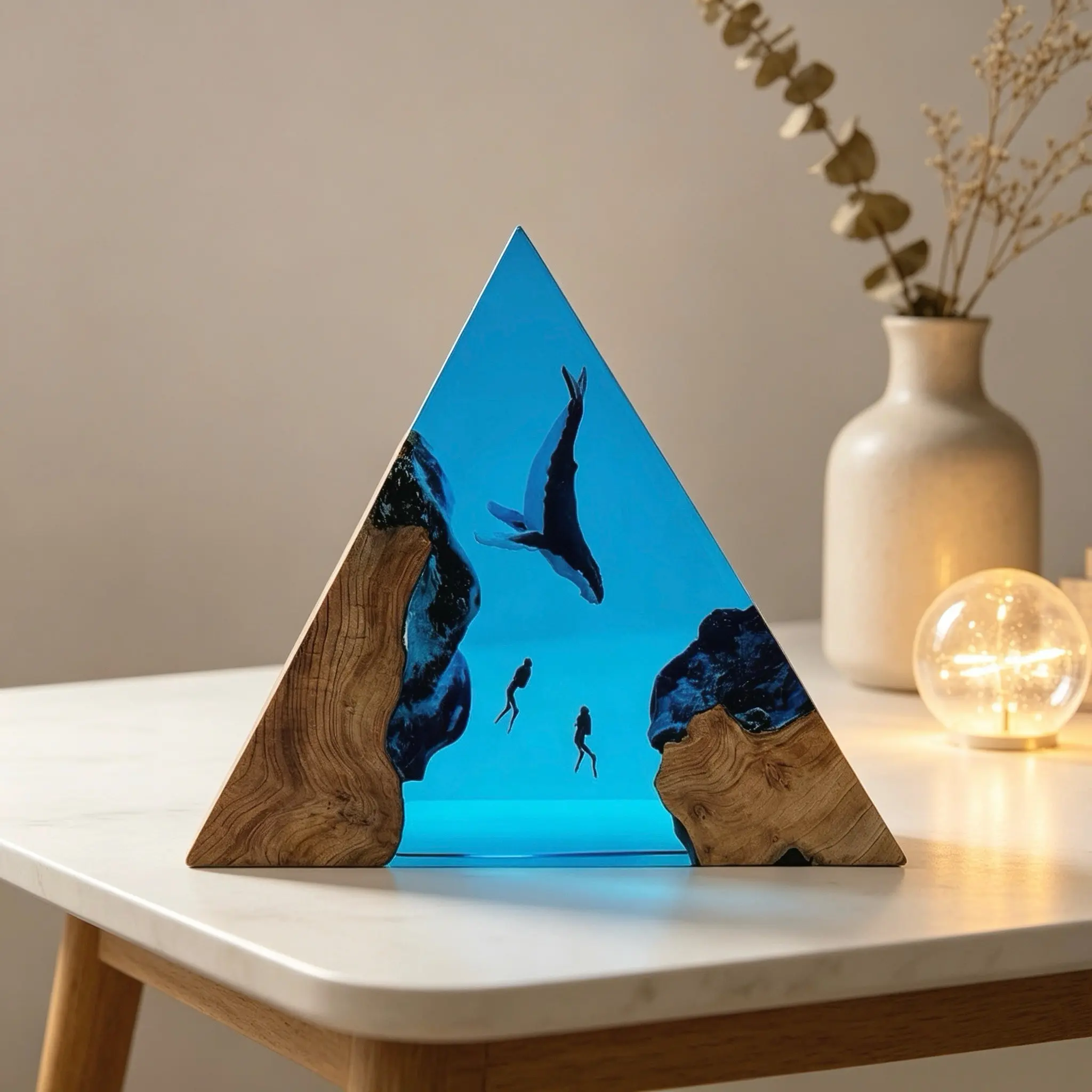 Handmade Epoxy Resin Ocean Lamp - Solid Wood Base 3D Humpback Whale & Divers Underwater Scene Triangular Night Light, Artisan Crafted Clear Resin Ambient Desk Lamp for Bedroom Home Decor, Unique Gift for Ocean Lovers
