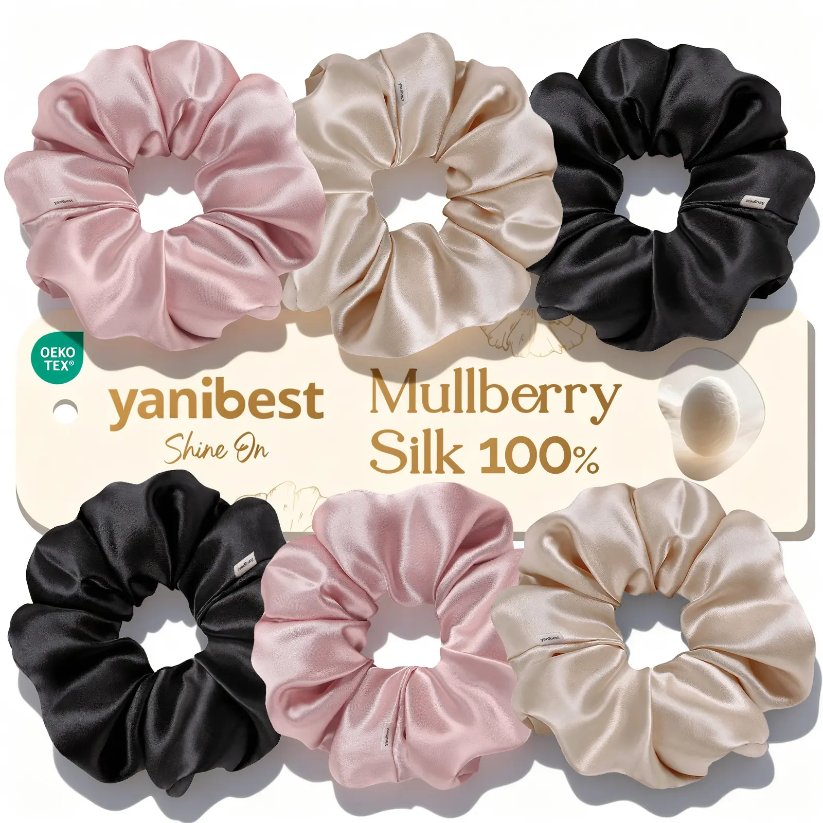YANIBEST 6 Pack 22 Momme 100% Mulberry Silk Scrunchies for Women, Classic Solid Hair Ties with Strong Hold, No Damage, Gift Set for All Hair Types, Silk Hair Ties