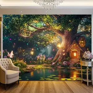 Whimsical Fairy Forest Wonderland Tapestry - Vibrant Polyester Wall Hanging with Enchanted Tree, Cottage, and Magical Glow, Perfect for Living Room, Bedroom, Office Decor |   Easy Installation & Removal 60X40