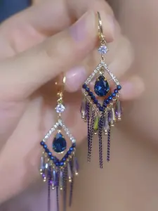 LisiZen Vintage Boho Handmade Diamond-Shaped Tassel Earrings for Women, Rhinestone Dangle Ear Hooks – Unique Luxury Jewelry Gold Plated Hoop DZEH4354 Statement Pieces Elegant Design